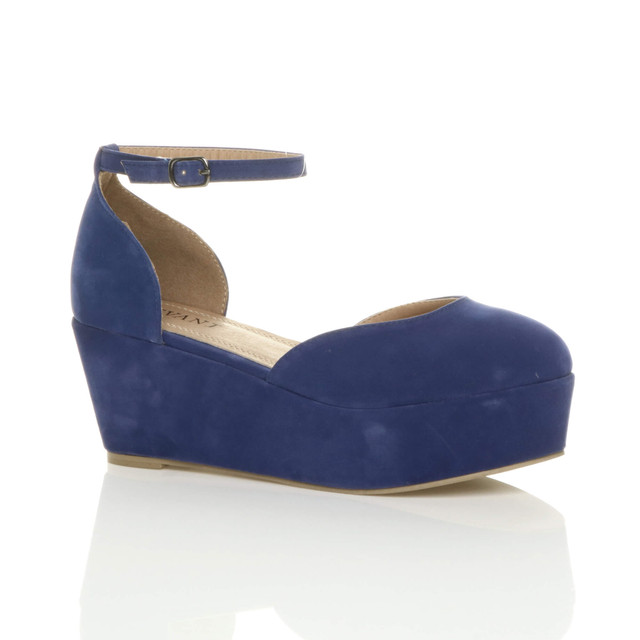 Front right side view of Blue Suede Mid Heel Wedge Flatform Platform Shoes