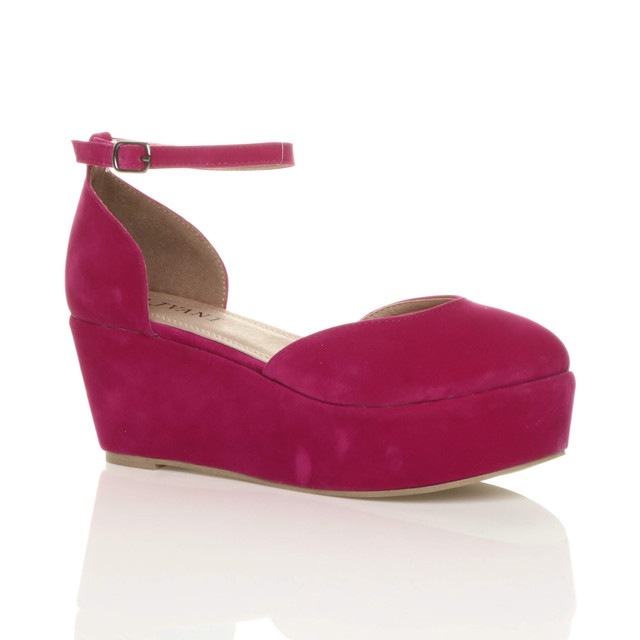 Front right side view of Fuchsia Pink Suede Mid Heel Wedge Flatform Platform Shoes
