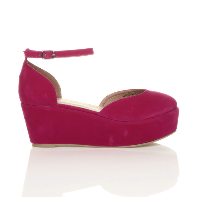 Right side view of Fuchsia Pink Suede Mid Heel Wedge Flatform Platform Shoes