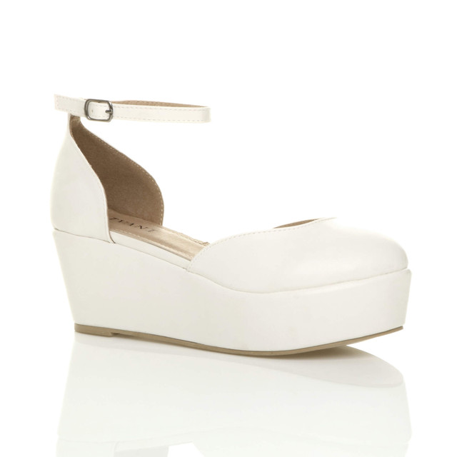 Front right side view of White PU Mid Heel Wedge Flatform Platform Shoes