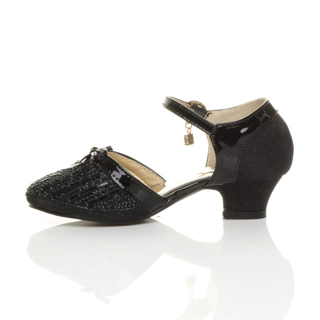 Left side view of Black Low Heel Diamante Mary Jane Court Shoes Sandals