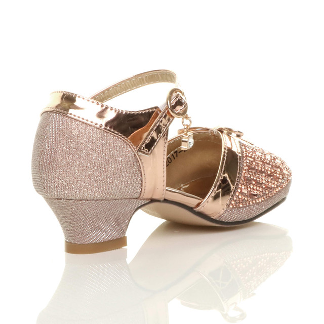 Back right side view of Rose Gold Low Heel Diamante Mary Jane Court Shoes Sandals