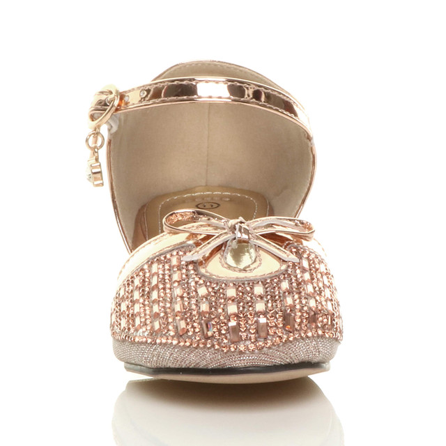Front view of Rose Gold Low Heel Diamante Mary Jane Court Shoes Sandals