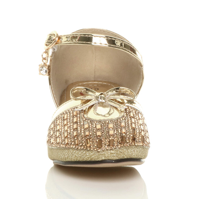 Front view of Gold Low Heel Diamante Mary Jane Court Shoes Sandals