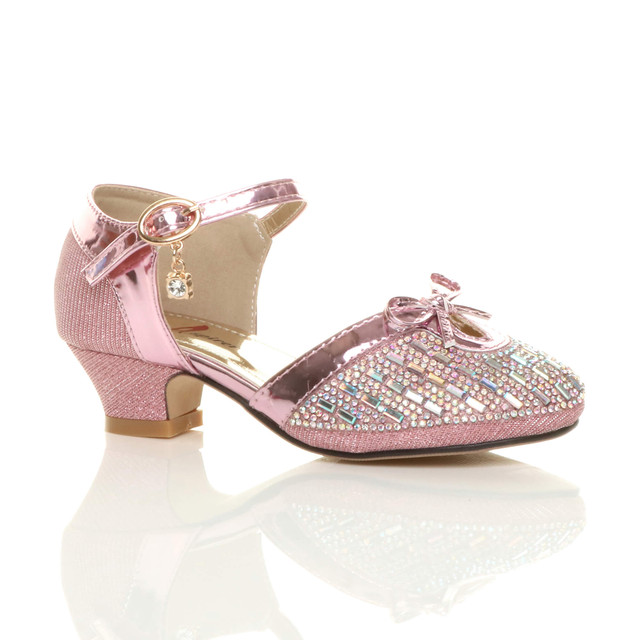 Front right side view of Pink Low Heel Diamante Mary Jane Court Shoes Sandals