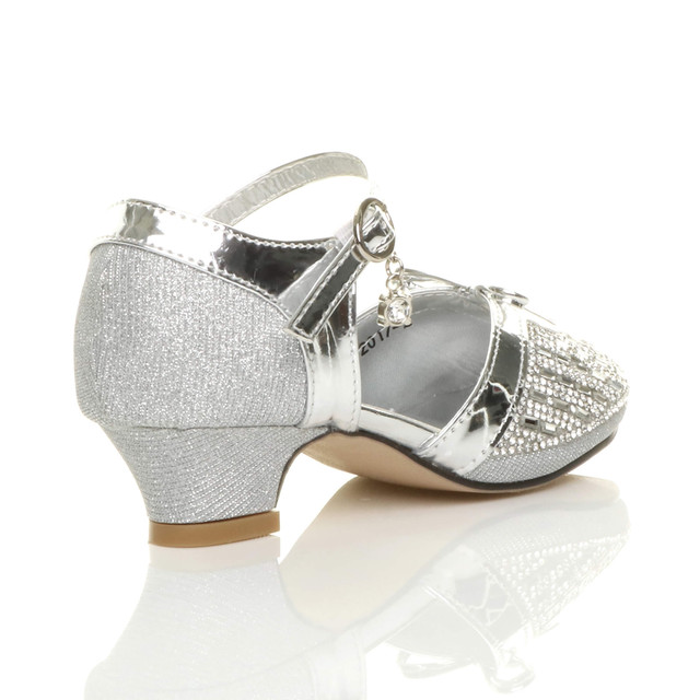 Back right side view of Silver Low Heel Diamante Mary Jane Court Shoes Sandals