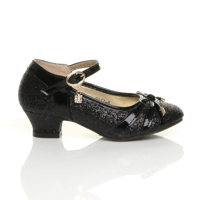 Right side view of Black Low Heel Bow Diamante Court Shoes