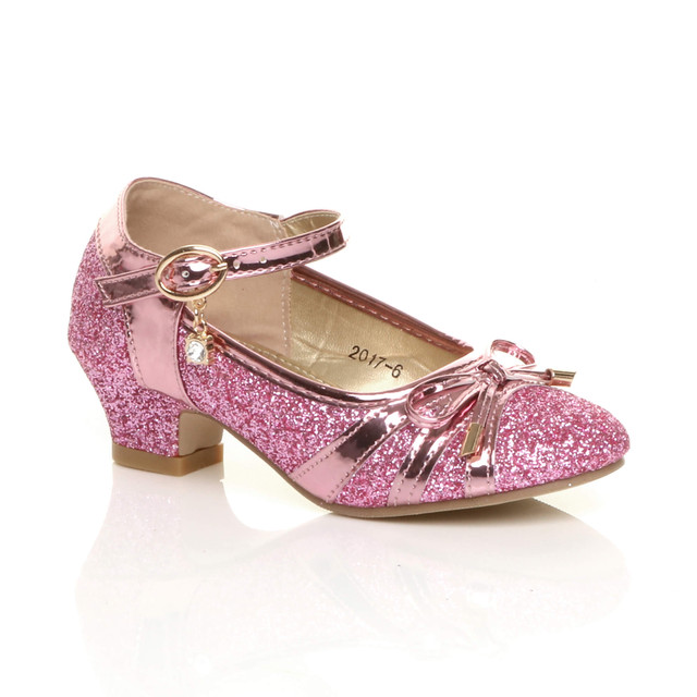 Front right side view of Pink Low Heel Bow Diamante Court Shoes
