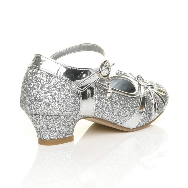 Back right side view of Silver Low Heel Bow Diamante Court Shoes
