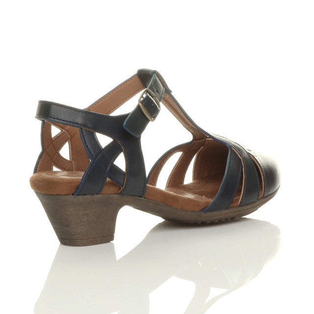 Back right side view of Navy PU Mid Heel Cut Out Brogue Shoes T-Bar Comfort Sandals