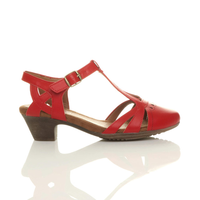 Right side view of Red PU Mid Heel Cut Out Brogue Shoes T-Bar Comfort Sandals