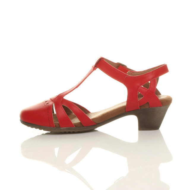 Left side view of Red PU Mid Heel Cut Out Brogue Shoes T-Bar Comfort Sandals