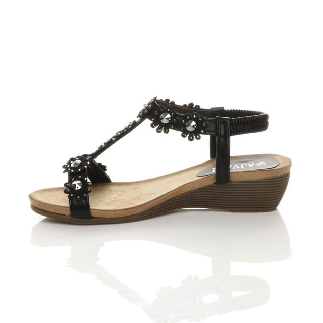 Left side view of Black PU Low Mid Wedge Heel T-Bar Flower Diamante Sandals