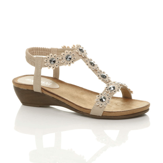 Front right side view of Nude PU Low Mid Wedge Heel T-Bar Flower Diamante Sandals
