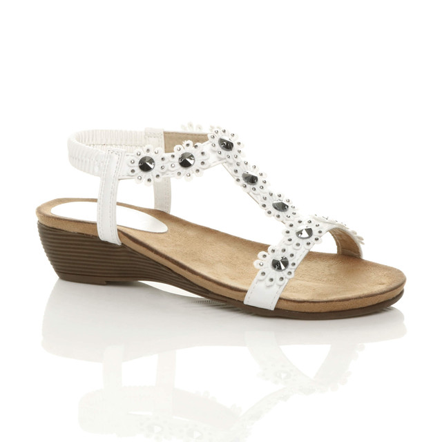 Front right side view of White PU Low Mid Wedge Heel T-Bar Flower Diamante Sandals