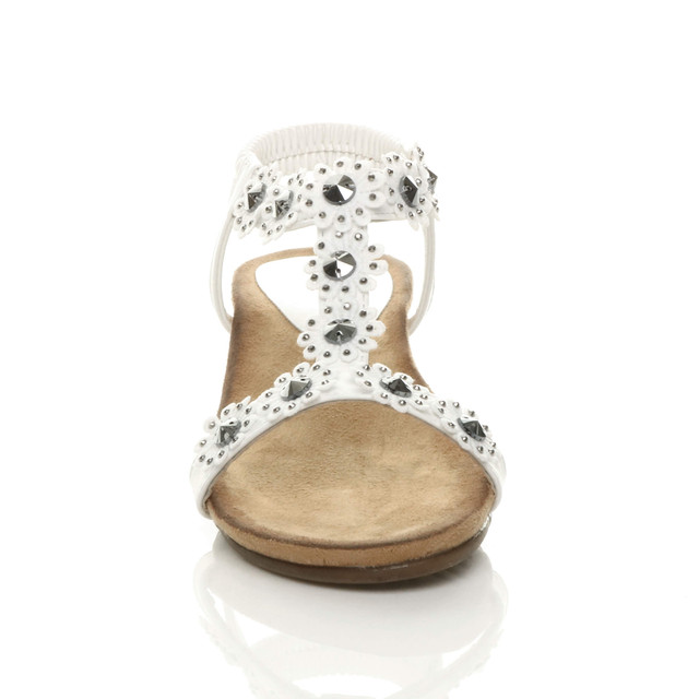 Front view of White PU Low Mid Wedge Heel T-Bar Flower Diamante Sandals