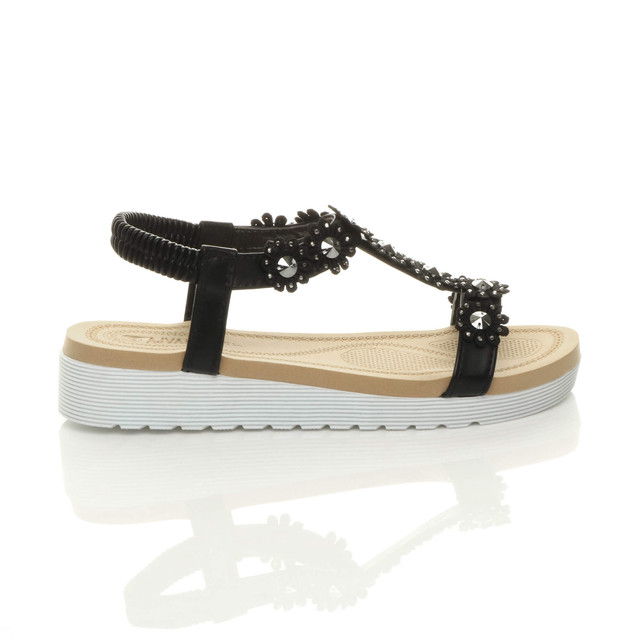Right side view of Black PU Low Wedge Heel Comfort Flatform Diamante Flower T-Bar Slingback Sandals