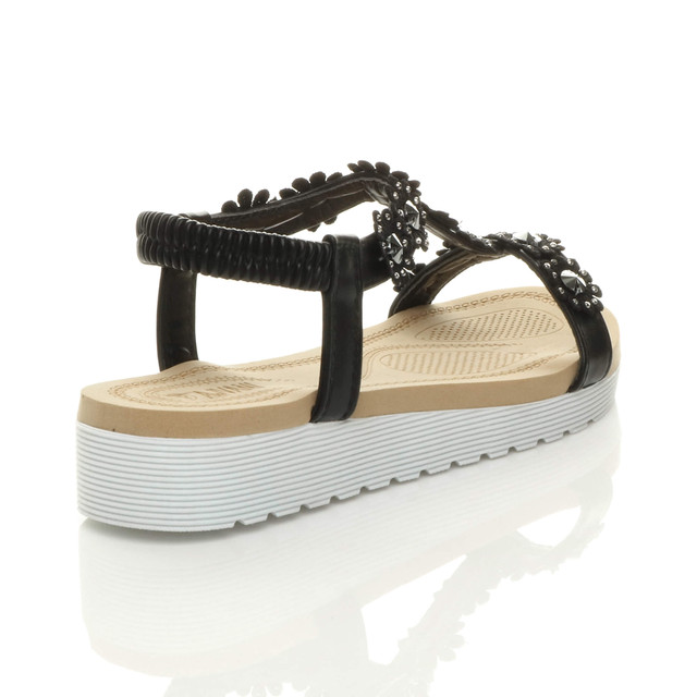 Back right side view of Black PU Low Wedge Heel Comfort Flatform Diamante Flower T-Bar Slingback Sandals