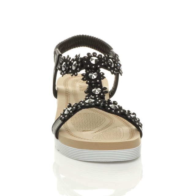 Front view of Black PU Low Wedge Heel Comfort Flatform Diamante Flower T-Bar Slingback Sandals