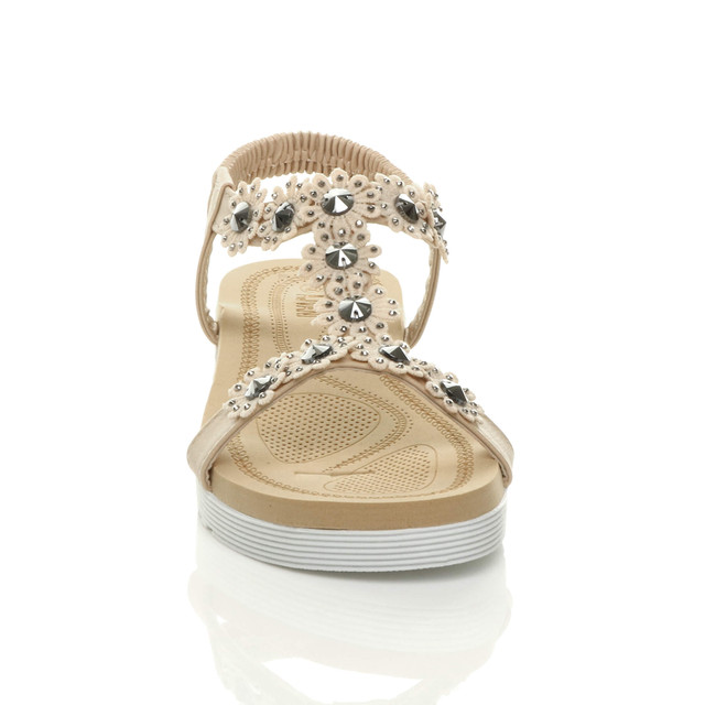 Front view of Nude PU Low Wedge Heel Comfort Flatform Diamante Flower T-Bar Slingback Sandals