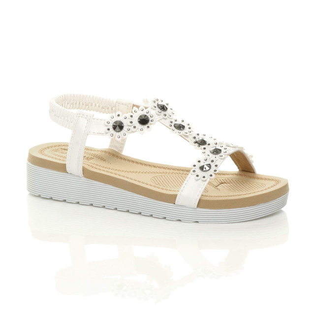 Front right side view of White PU Low Wedge Heel Comfort Flatform Diamante Flower T-Bar Slingback Sandals