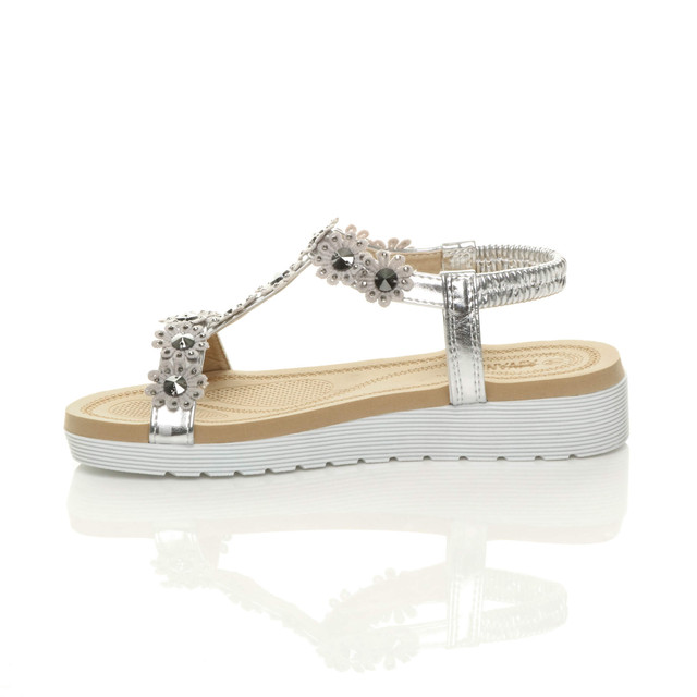 Left side view of Silver PU Low Wedge Heel Comfort Flatform Diamante Flower T-Bar Slingback Sandals