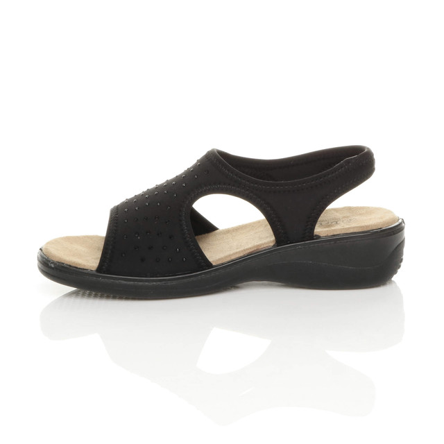 Left side view of Black Low Heel Diamante Comfort Slingback T-Bar Sandals