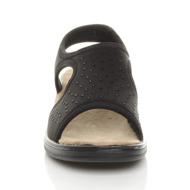 Front view of Black Low Heel Diamante Comfort Slingback T-Bar Sandals