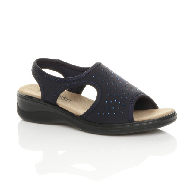 Front right side view of Navy Low Heel Diamante Comfort Slingback T-Bar Sandals