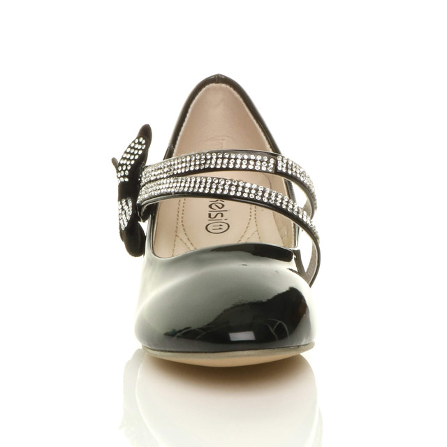 Front view of Black Patent Heeled Mary Jane Diamante Strap Bow Court Shoes