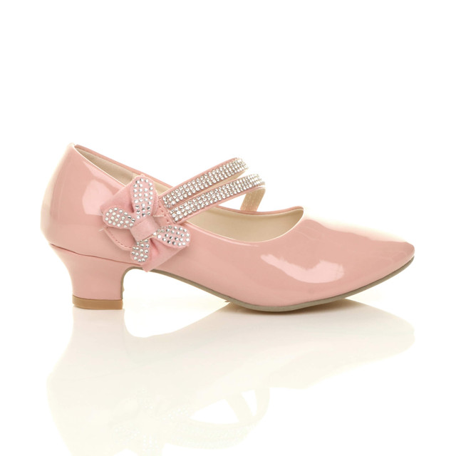 Right side view of Pink Patent Heeled Mary Jane Diamante Strap Bow Court Shoes