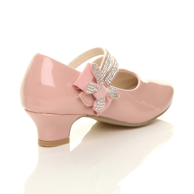 Back right side view of Pink Patent Heeled Mary Jane Diamante Strap Bow Court Shoes