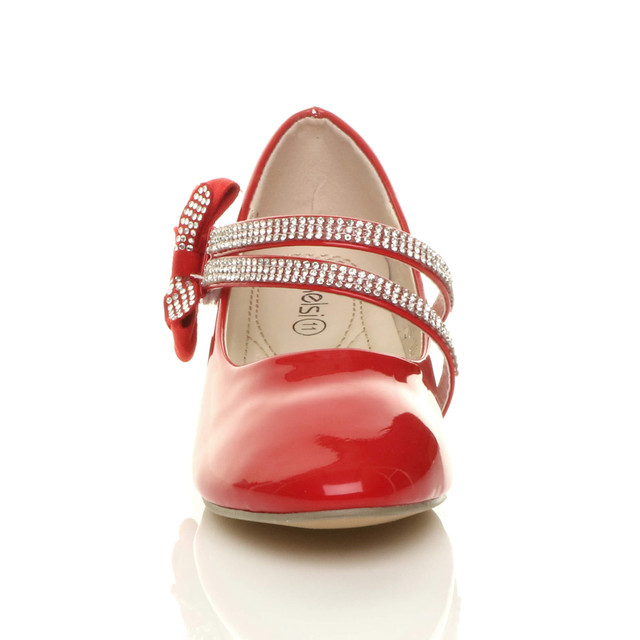 Front view of Red Patent Heeled Mary Jane Diamante Strap Bow Court Shoes