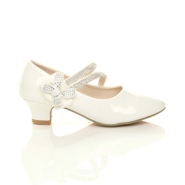 Right side view of White Patent Heeled Mary Jane Diamante Strap Bow Court Shoes