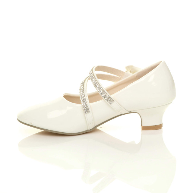 Left side view of White Patent Heeled Mary Jane Diamante Strap Bow Court Shoes