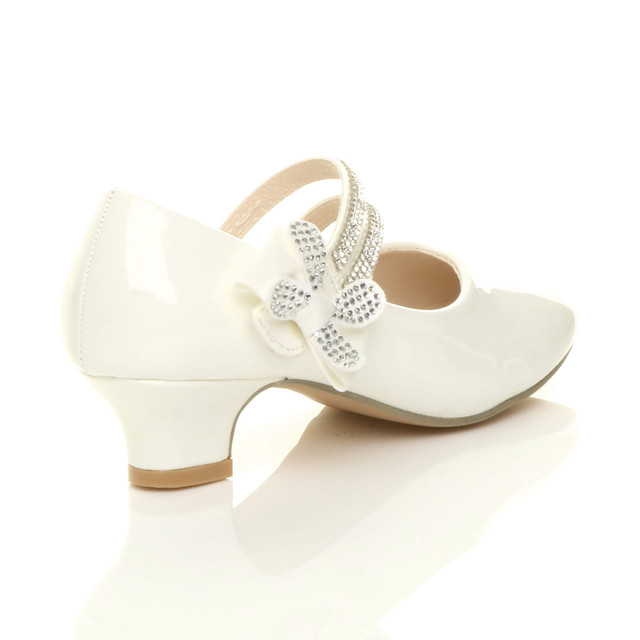 Back right side view of White Patent Heeled Mary Jane Diamante Strap Bow Court Shoes
