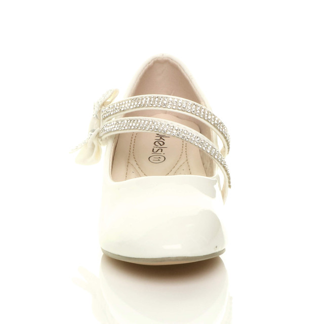 Front view of White Patent Heeled Mary Jane Diamante Strap Bow Court Shoes