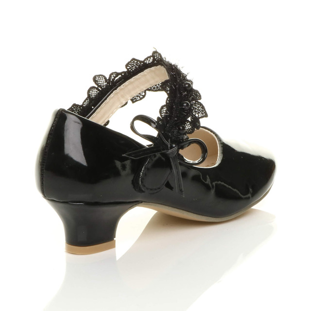Back right side view of Black Patent Heeled Mary Jane Lace Mesh Strap Bow Court Shoes
