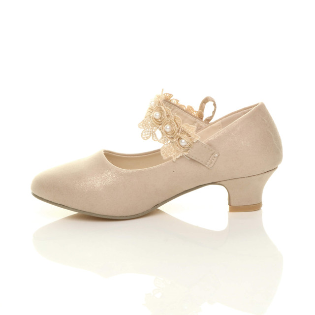 Left side view of Gold Heeled Mary Jane Lace Mesh Strap Bow Court Shoes