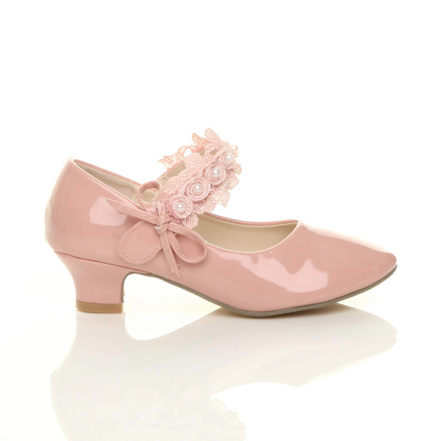 Right side view of Pink Patent Heeled Mary Jane Lace Mesh Strap Bow Court Shoes