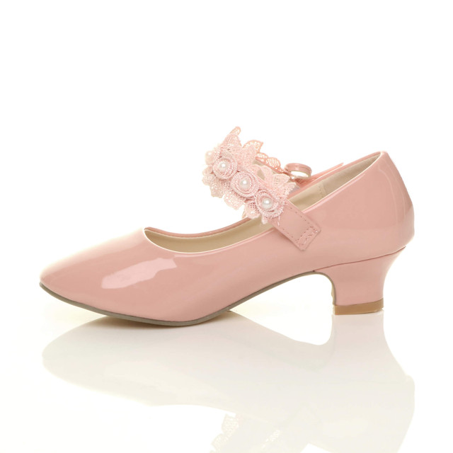 Left side view of Pink Patent Heeled Mary Jane Lace Mesh Strap Bow Court Shoes