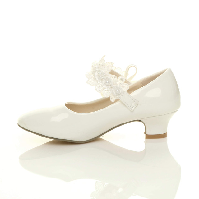 Left side view of White Patent Heeled Mary Jane Lace Mesh Strap Bow Court Shoes