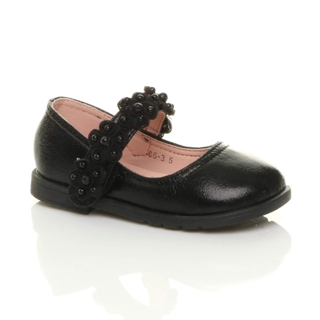 Front right side view of Black PU Infants Flat Mary Jane Pearl Strap Flower Party Shoes