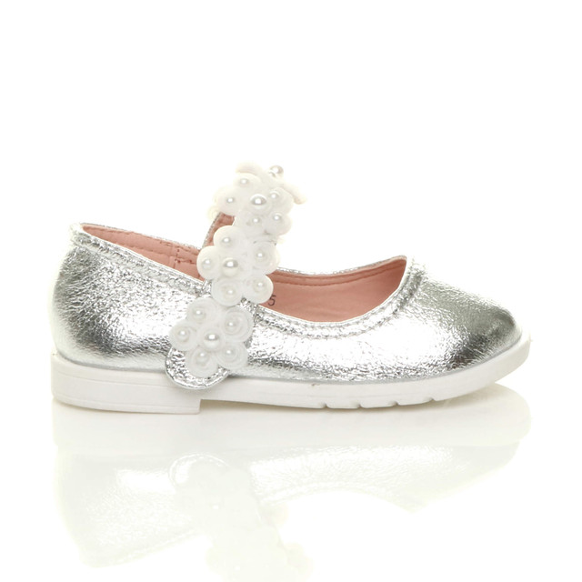 Right side view of Silver PU Infants Flat Mary Jane Pearl Strap Flower Party Shoes