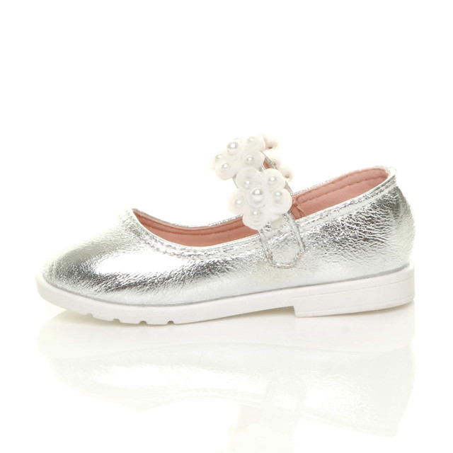 Left side view of Silver PU Infants Flat Mary Jane Pearl Strap Flower Party Shoes