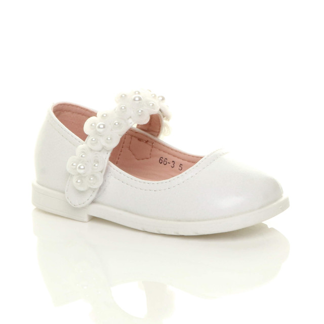 Front right side view of White PU Infants Flat Mary Jane Pearl Strap Flower Party Shoes