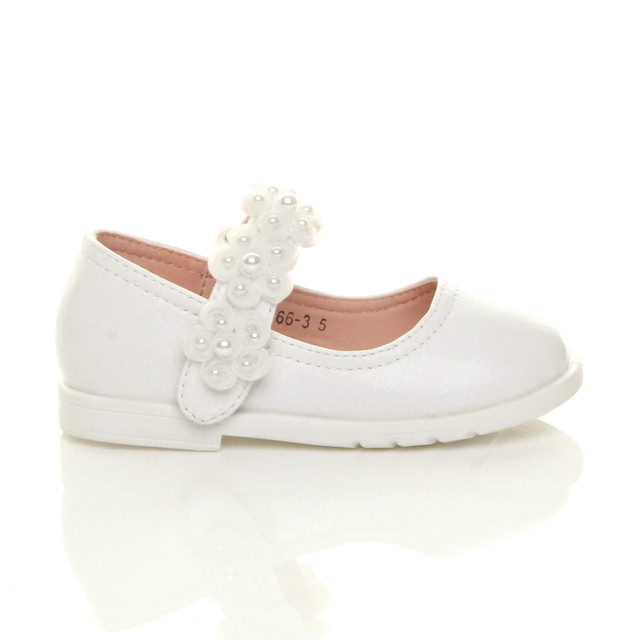 Right side view of White PU Infants Flat Mary Jane Pearl Strap Flower Party Shoes