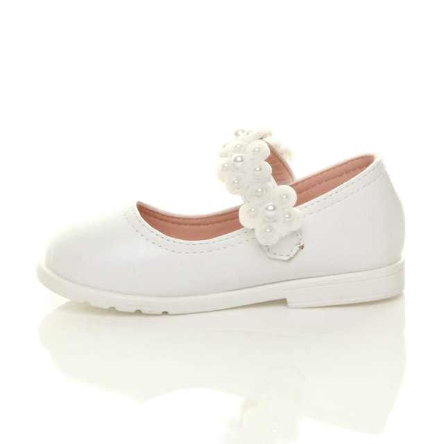 Left side view of White PU Infants Flat Mary Jane Pearl Strap Flower Party Shoes