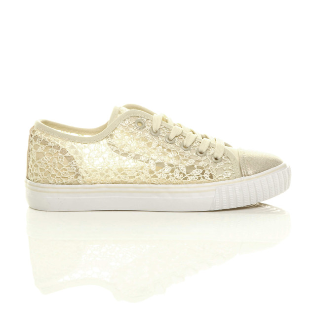Right side view of Beige Flat Mesh Sequin Plimsolls Trainers Sneakers