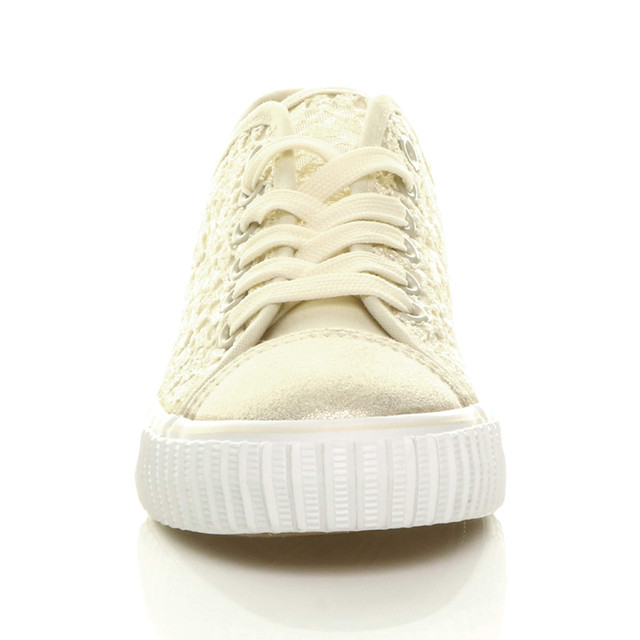 Front view of Beige Flat Mesh Sequin Plimsolls Trainers Sneakers